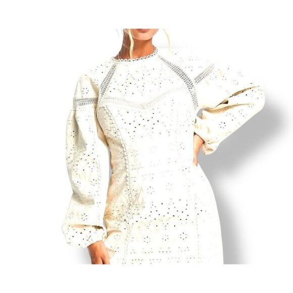 Ivory Cream Embroidered  Balloon Sleeves Lined Statement Dress Womens Size 10 - Picture 2 of 16